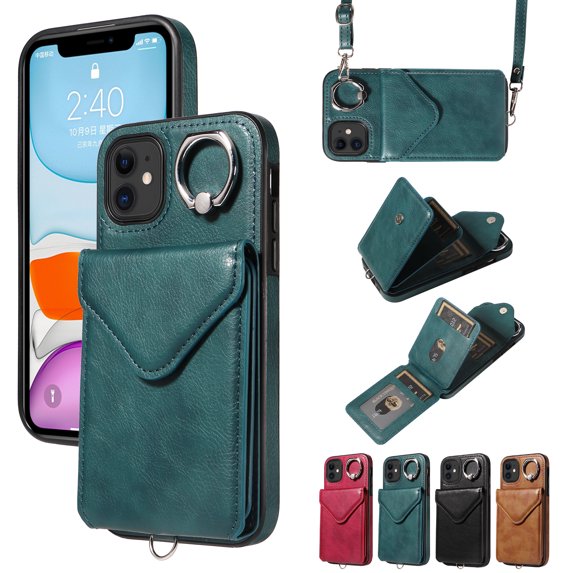 Dteck for iPhone 11 Wallet Case with Card Holder, Durable PU Leather Protective Magnetic Closure Flip Cover with Crossbody Adjustable Strap 360° Kickstand for Women Men,Green
