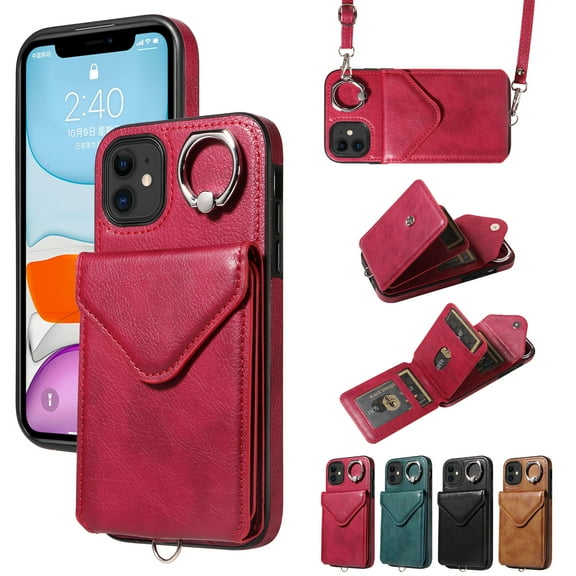 Dteck for iPhone 11 Wallet Case with Card Holder, Durable PU Leather Protective Magnetic Closure Flip Cover with Crossbody Adjustable Strap 360° Kickstand for Women Men,Red