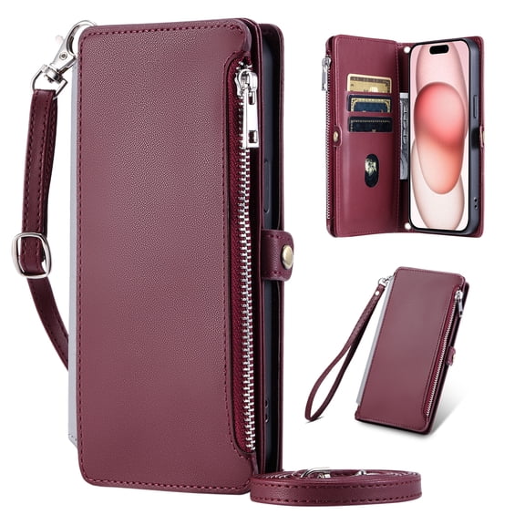 Dteck for iPhone 11 Wallet Case, Crossbody Zipper Purse with Wrist for Women Men, 8-Card Slots Holder PU Leather Kickstand Flip Cover Phone Case,Winered