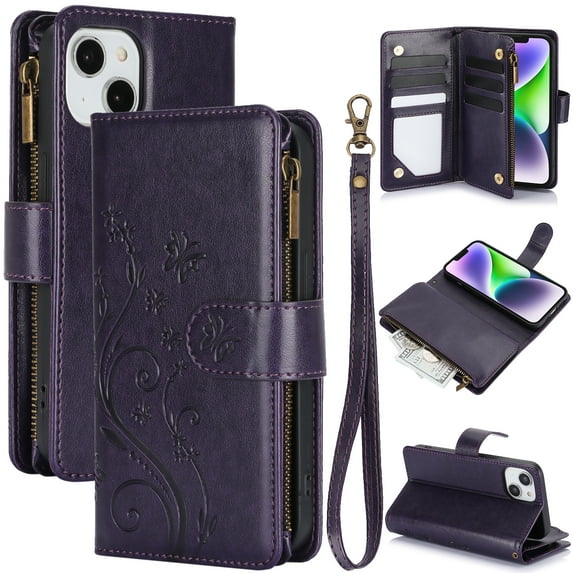Dteck for iPhone 11 Wallet Case, Embossed Butterfly PU Leather Phone Case Women Men Flip Cover Wrist Strap Zipper Credit Card Holder Slots,Dark Purple