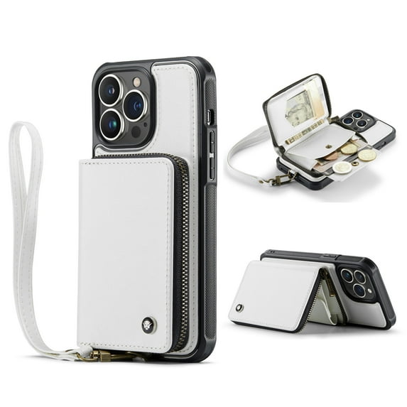 Dteck for iPhone 12/12 Pro 6.1 inch Wallet Case,360 Protection Luxury PU Leather Zipper Card Pocket Slots Holder Soft TPU Shockproof Back Cover with Wrist Strap.For iPhone 12 Pro / 12 6.1",White