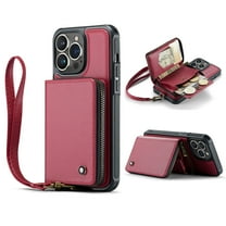 Dteck for iPhone 12/12 Pro 6.1 inch Wallet Case,360 Protection Luxury PU Leather Zipper Card Pocket Slots Holder Soft TPU Shockproof Back Cover with Wrist Strap.For iPhone 12 Pro / 12 6.1",Red