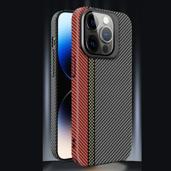 Dteck for iPhone 12 Case with Built-in Camera Ring Stand, Carbon Fiber Texture Slim Shockproof Protective Case with Camera Lens Protector Logo Window,Black Red