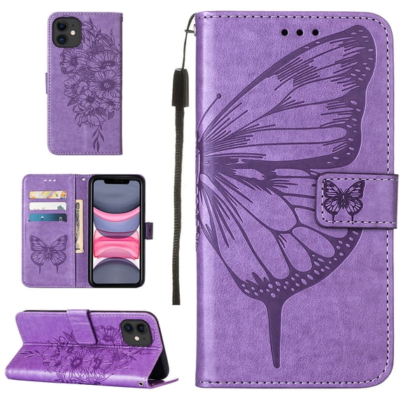 Dteck iPhone 12 Case, Butterfly Patterned Wallet Case, Magnetic Hand Strap Credit Card Holder Slots Synthetic Leather Kickstand Protective Cover For iPhone 12, Lightpurple