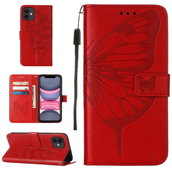 Dteck iPhone 12 Case, Butterfly Patterned Wallet Case, Magnetic Hand Strap Credit Card Holder Slots Synthetic Leather Kickstand Protective Cover For iPhone 12, Red