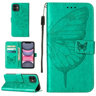 Dteck iPhone 12 Case, Butterfly Patterned Wallet Case, Magnetic Hand Strap Credit Card Holder Slots Synthetic Leather Kickstand Protective Cover For iPhone 12, Green