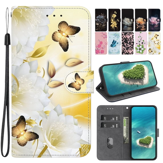 Dteck for iPhone 12 Case Wallet with Card Holder and Wrist Strap Fashionable Cute Designs Flip Phone Cover for iPhone 12 / 12 Pro 6.1 Inch,Gold Butterfly
