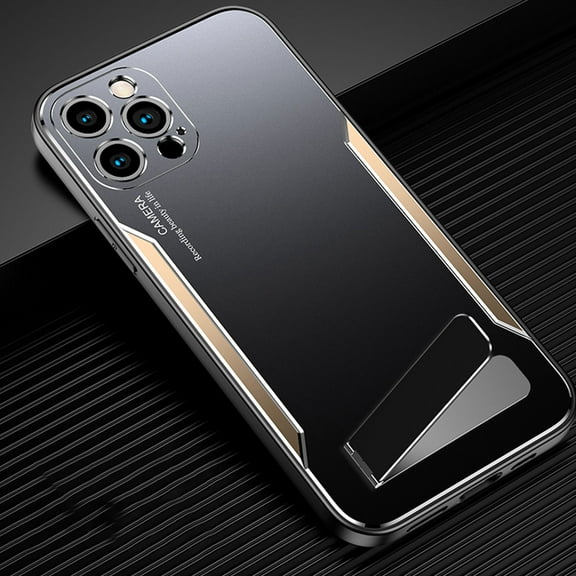 Dteck for iPhone 12 Pro 6.1" 2020 Military Shockproof Case, Aluminum Alloy Sandblasted Back Plate Case with Kickstand Heavy Duty Full Body Protective Case for iPhone 12 Pro Women Men, Gold