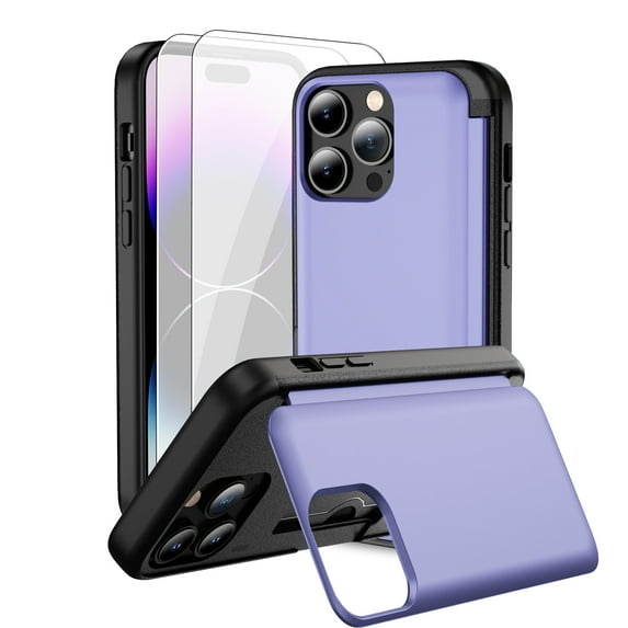 Dteck for iPhone 12 Pro Case with 2 Pack Screen Protector, Military Grade Shockproof Full Body Protection Phone Case with Card Holder Flip Kickstand for iPhone 12 / 12 Pro 6.1", Purple