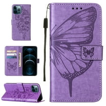 Dteck iPhone 12 Pro Case, Butterfly Patterned Wallet Case, Magnetic Hand Strap Credit Card Holder Slots Synthetic Leather Kickstand Protective Cover For iPhone 12 Pro, Lightpurple