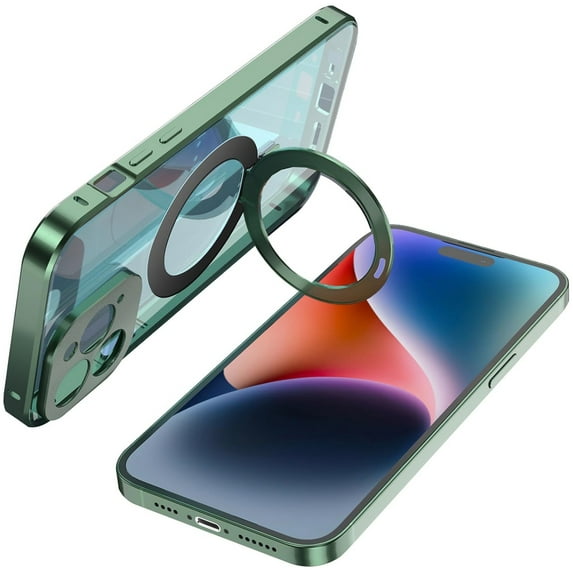 Dteck for iPhone 12 Pro Case Compatible with MagSafe, Safetly Lock + Magnetic adsorption Aluminum Bumper Tempered Glass Screen Protector Full Body Shockproof Case with Magnetic Ring Stand,Green