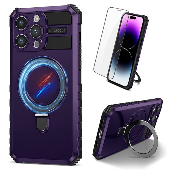 Dteck for iPhone 12 Pro Case with Magnetic Invisible Stand, Compatible with MagSafe, Glass Screen Protector + Camera Protector Shockproof Rugged Case Cover for iPhone 12 Pro,Purple