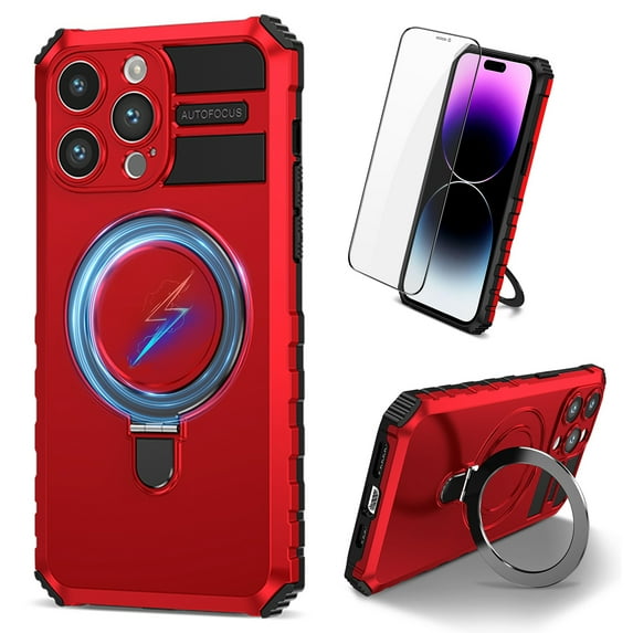Dteck for iPhone 12 Pro Case with Magnetic Invisible Stand, Compatible with MagSafe, Glass Screen Protector + Camera Protector Shockproof Rugged Case Cover for iPhone 12 Pro,Red