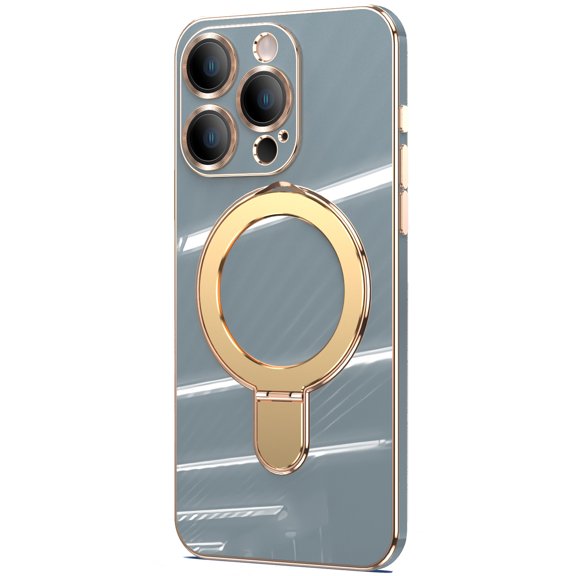 Dteck for iPhone 12 Pro Case with Magnetic Ring Stand, Compatible with MagSafe, Full Camera Lens Protection, Luxury Plating Slim Cover 12 Pro Phone Cases for Women Men,Solid Gray