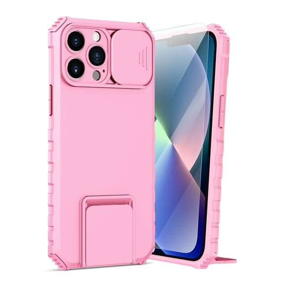 Dteck for iPhone 12 Pro Case with Screen Protector, Slide Camera Protector Phone Case with Built-in Stand Shockproof Rugged Bumper for iPhone 12 Pro,Pink