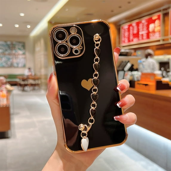 Dteck for iPhone 12 Pro Max 6.7" 2020 Case, Soft TPU Solid Color Case with Heart Bracelet Handle Strap Shockproof Protective Case for iPhone 12 Pro Max Ladies Girls Women, Black