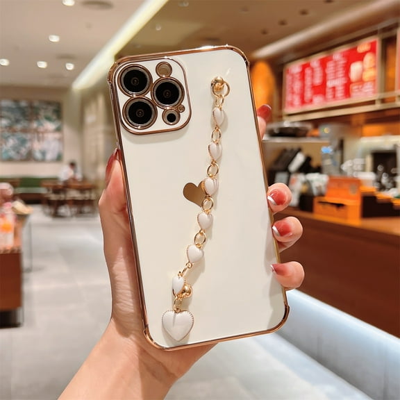 Dteck for iPhone 12 Pro Max 6.7" 2020 Case, Soft TPU Solid Color Case with Heart Bracelet Handle Strap Shockproof Protective Case for iPhone 12 Pro Max Ladies Girls Women, White