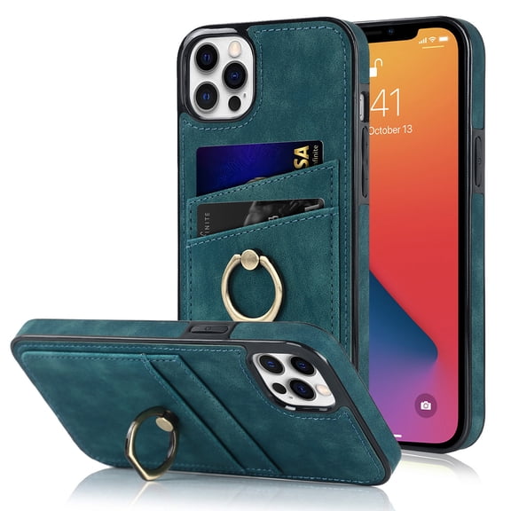 Dteck for iPhone 12 Pro Max 6.7 inch PU Leather Back Case,Luxury Shockproof Soft TPU Anti-Drop Card Slots with Ring Bracket Slim Phone Cover.For iPhone 12 Pro Max,Blue