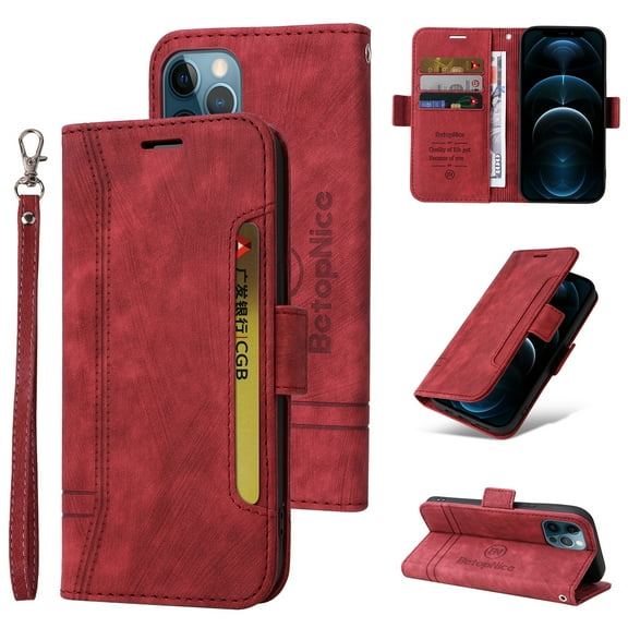 Dteck for iPhone 12 Pro Max 6.7 inch Wallet Case,360 Protection Luxury PU Leather Magnetic Folding Card Pocket Slots Holder TPU Shockproof Cover with Wrist Strap.For iPhone 12 Pro Max,Red