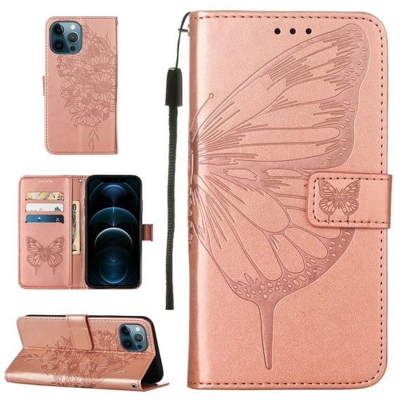 Dteck iPhone 12 Pro Max Case, Butterfly Patterned Wallet Case, Magnetic Hand Strap Credit Card Holder Slots Synthetic Leather Kickstand Protective Cover For iPhone 12 Pro Max, Rosegold