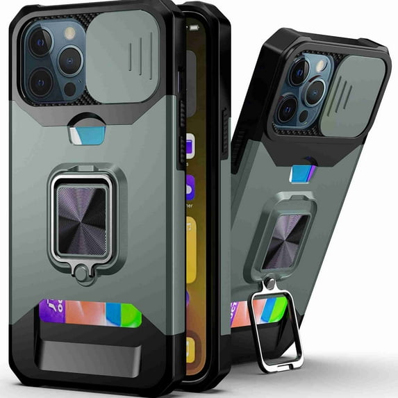 Dteck for iPhone 12 Pro Max Case with Camera Cover & Kickstand, Slide Lens Protection + 360 Rotate Ring Stand, Impact-Resistant, Shockproof, Protective Bumper, Darkgreen