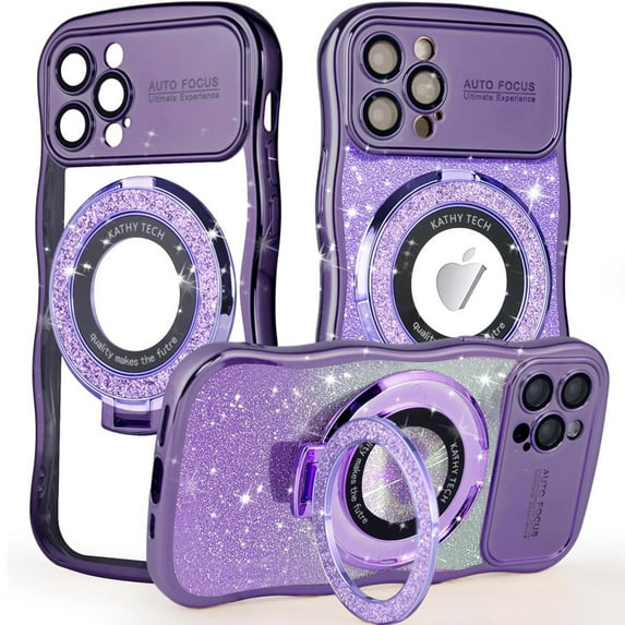 Dteck for iPhone 12 Pro Max Case with Camera Lens Protector, Love Heart with Rotating Ring Holder Stand Sparkly Phone Case for iPhone 12 Pro Max,Purple