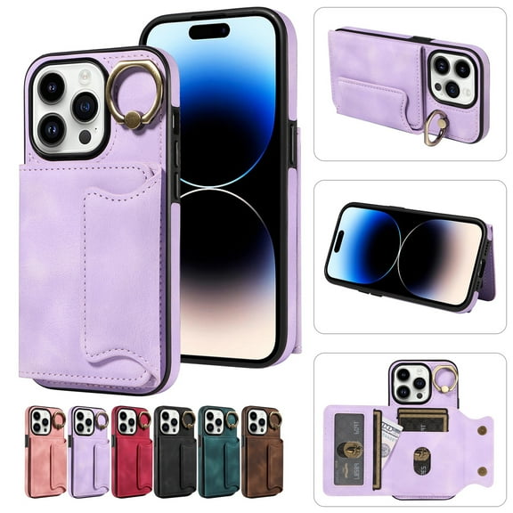 Dteck for iPhone 12 Pro Max Case with Card Holder, Retro PU Leather Wallet Case with Rotating Ring Kickstand, Slim Back Protective Cover Case for iPhone 12 Pro Max,Purple