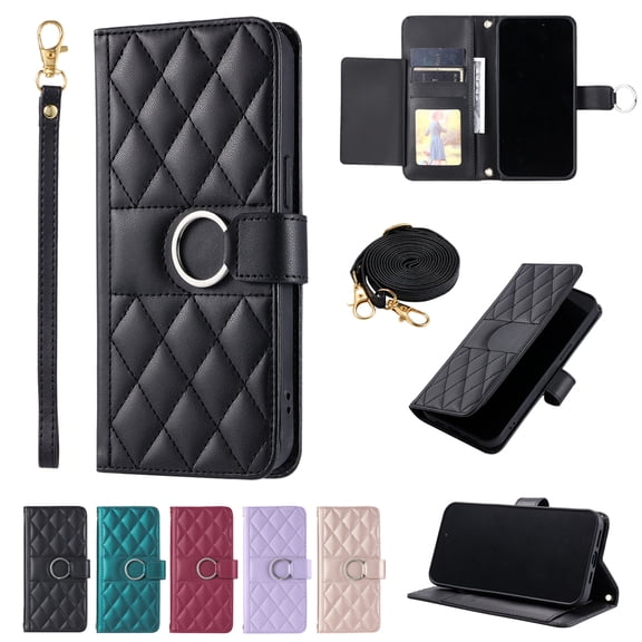 Dteck For iPhone 12 Pro Max Case, Crossbody Lanyard PU Leather Flip Folio Wallet Phone Cover with Magnetic Clasp Card Slots and Kickstand Cover, Black