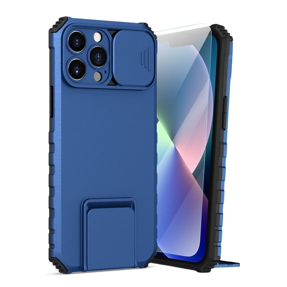 Dteck for iPhone 12 Pro Max Case with Screen Protector, Slide Camera Protector Phone Case with Built-in Stand Shockproof Rugged Bumper for iPhone 12 Pro Max,Blue