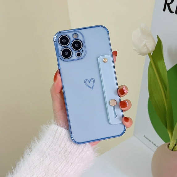 Dteck for iPhone 12 Pro Max Case with Strap Luxury Love Heart Plating Gold Bumper Phone Cover Wristband Kickstand Full Body Protective Slim Case For iPhone 12 Pro Max,Blue