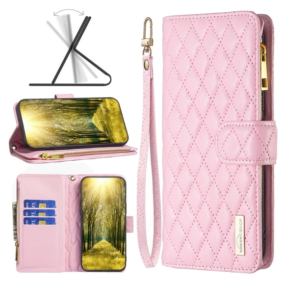 Dteck for iPhone 12 Pro Max Wallet Case with 3-Card Slot, Soft PU Leather Zipper Flip Folio with Wrist Strap Kickstand Protective Phone Cover for iPhone 12 Pro Max,Pink