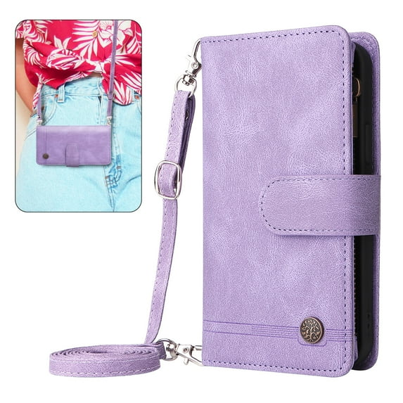 Dteck for iPhone 12 Pro Max Wallet Case with Card Holder, Soft PU Leather Handbag Purse Zipper Pocket Card Holder Wallet for Women Men, Crossbody Wallet Phone Case with Strap, Purple