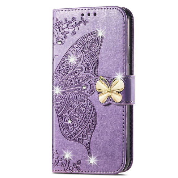 Dteck for iPhone 12 Pro / iPhone 12 Case Wallet for Women, Flip Folio Cover with Butterfly Embossed Diamond PU Leathe Stand Card Holder Protective Case with Wrist Strap,Purple