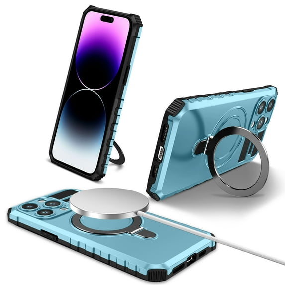 Dteck for iPhone 12 Rugged Case, Magnetic Invisible Stand Military Drop Protection Cover, Compatible with MagSafe Shockproof Slim Matte Ring Holder Hard Phone Case for Men Women, lightblue