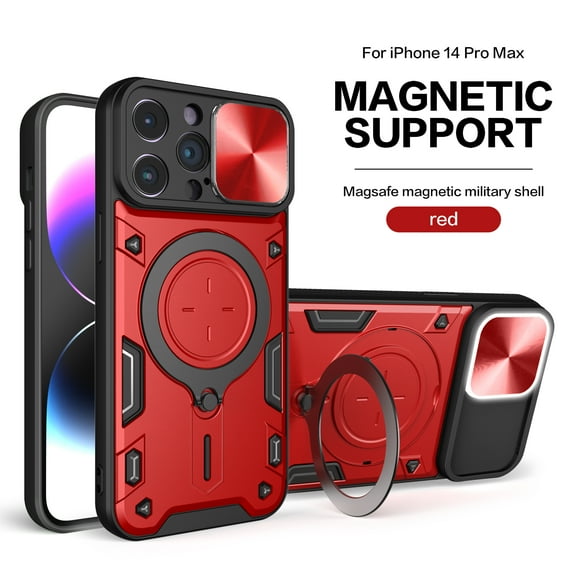 Dteck for iPhone 12 Slide Lens Protection Case, Shockproof Magnetic Metal Ring Holder Kickstand Support Magnetic Shell, Heavy Duty Hybrid TPU PC Dual Layer Phone Cover, red