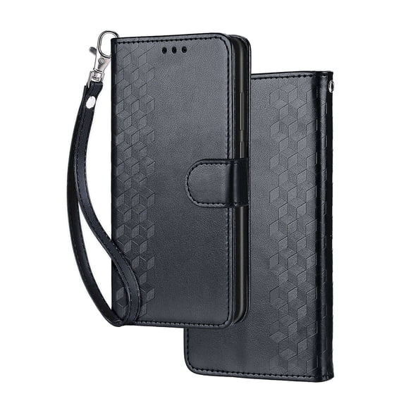 Dteck for iPhone 12 Wallet Case for Women Girls, Embossed Flip Kickstand Cover with Card Holder Shockproof Phone Case with Wrist Strap for iPhone 12/12 Pro,Black Cube