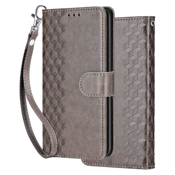 Dteck for iPhone 12 Wallet Case for Women Girls, Embossed Flip Kickstand Cover with Card Holder Shockproof Phone Case with Wrist Strap for iPhone 12/12 Pro,Gray Cube