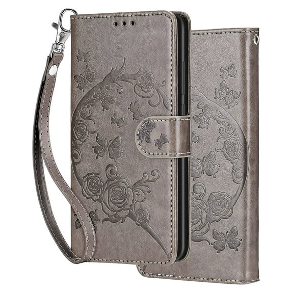 Dteck for iPhone 12 Wallet Case for Women Girls, Embossed Flip Kickstand Cover with Card Holder Shockproof Phone Case with Wrist Strap for iPhone 12/12 Pro,Gray Flower
