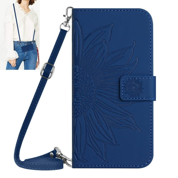 Dteck for iPhone 12 mini Case, Crossbody Wallet Phone Case Embossed Flower PU Leather with Card Holder, Magnetic Closure Flip Folio Case with Lanyard,Deep Blue
