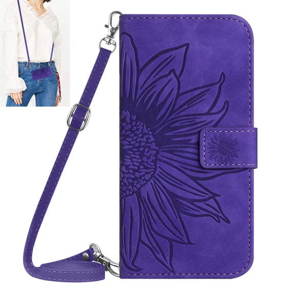 Dteck for iPhone 12 mini Case, Crossbody Wallet Phone Case Embossed Flower PU Leather with Card Holder, Magnetic Closure Flip Folio Case with Lanyard,Deep Purple