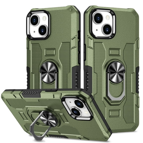 Dteck for iPhone 13 6.1 Inch Rugged Case, 360° Ring Reinforced Metal Kickstand 2 in 1 Military Grade Shockproof Case Support Magnetic Car Holder Drop Protective Shockproof Case for iPhone 13,Green