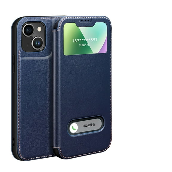 Dteck iPhone 13 Case (6.1 inch 2021 Release),Vintage PU Leather Surface Flip Kickstand [Perspective Window] Rugged Ant-drop PC Backplane Shpckproof Comprehensive Case For iPhone 13, Blue