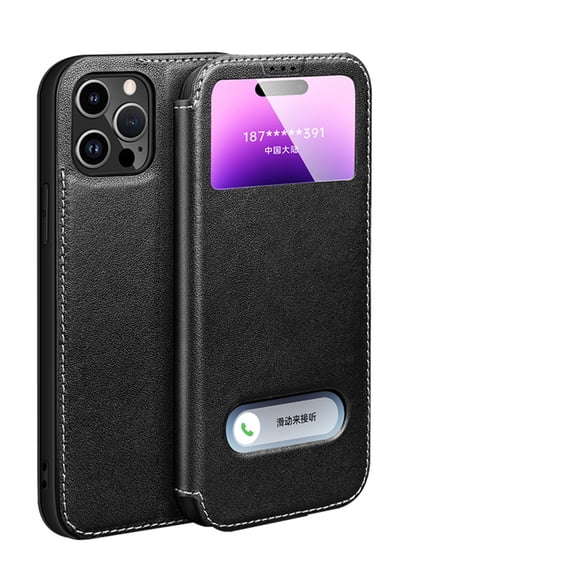 Dteck iPhone 13 Case (6.1 inch 2021 Release),Vintage PU Leather Surface Flip Kickstand [Perspective Window] Rugged Ant-drop PC Backplane Shpckproof Comprehensive Case For iPhone 13, Black