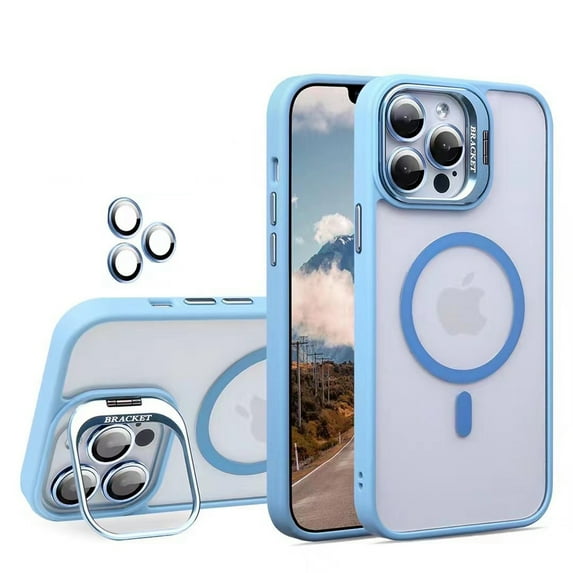 Dteck for iPhone 13 Case, Compatible with MagSafe ,Built-in Camera Ring Stand,with Individual Camera Cover, Translucent Matte PC + TPU Military-Grade Drop Protection Magnetic Case,Blue