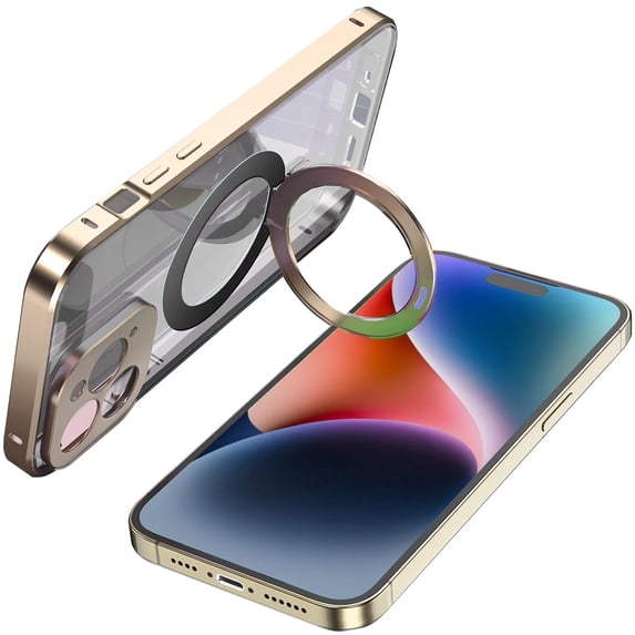 Dteck for iPhone 13 Case Compatible with MagSafe, Safetly Lock + Magnetic adsorption Aluminum Bumper Tempered Glass Screen Protector Full Body Shockproof Case with Magnetic Ring Stand,Gold