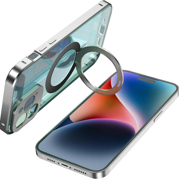 Dteck for iPhone 13 Case Compatible with MagSafe, Safetly Lock + Magnetic adsorption Aluminum Bumper Tempered Glass Screen Protector Full Body Shockproof Case with Magnetic Ring Stand,Silver