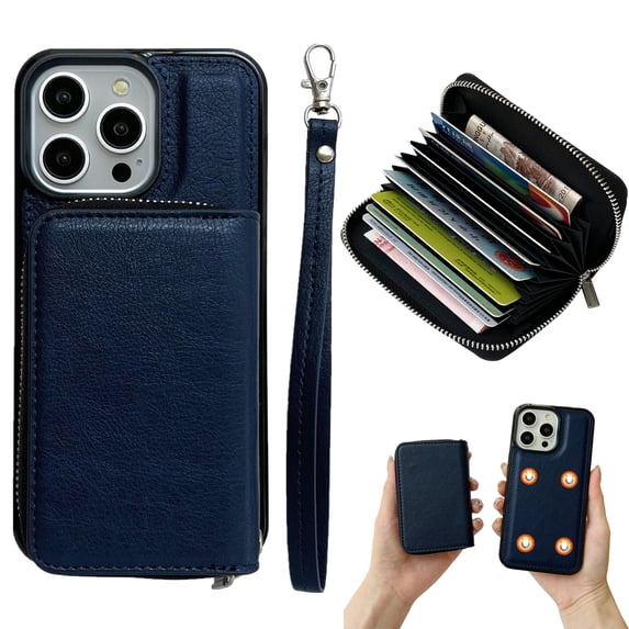 Dteck for iPhone 13 Case Detachable Wallet Case with 11-Card Holder, 2 in 1 PU Leather Zipper Purse with Wristlet for Women Men, Durable Shockproof Phone Cover for iPhone 13,Blue
