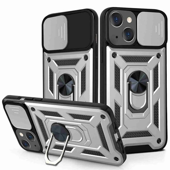 Dteck iPhone 13 Case,Hybrid Protective Phone Case Cover with Ring Holder Kickstand Cover with Support Magnetic Car Mount for iPhone 13, Silver