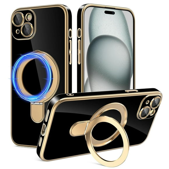 Dteck for iPhone 13 Case with Magnetic Ring Stand, Compatible with MagSafe, Full Camera Lens Protection, Luxury Plating Slim Cover for iPhone 13,Solid Black