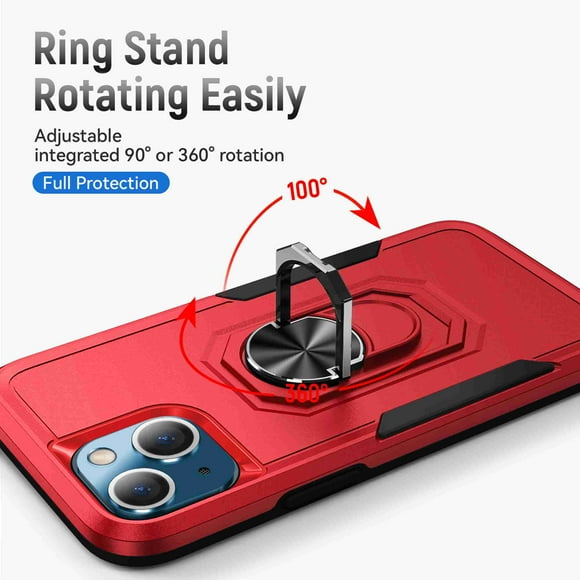 Dteck for iPhone 13 Case with Ring Stand Cover,Hybrid Shockproof Impact-Resistant Bumpers Protective with Built-in Ring Stand Ring Kickstand for Apple iPhone 13 (Red/Black)
